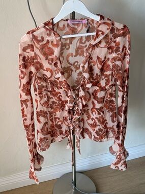 Hansen & Gretal Rust Floral Sheer Ruffle Tie-Front Blouse